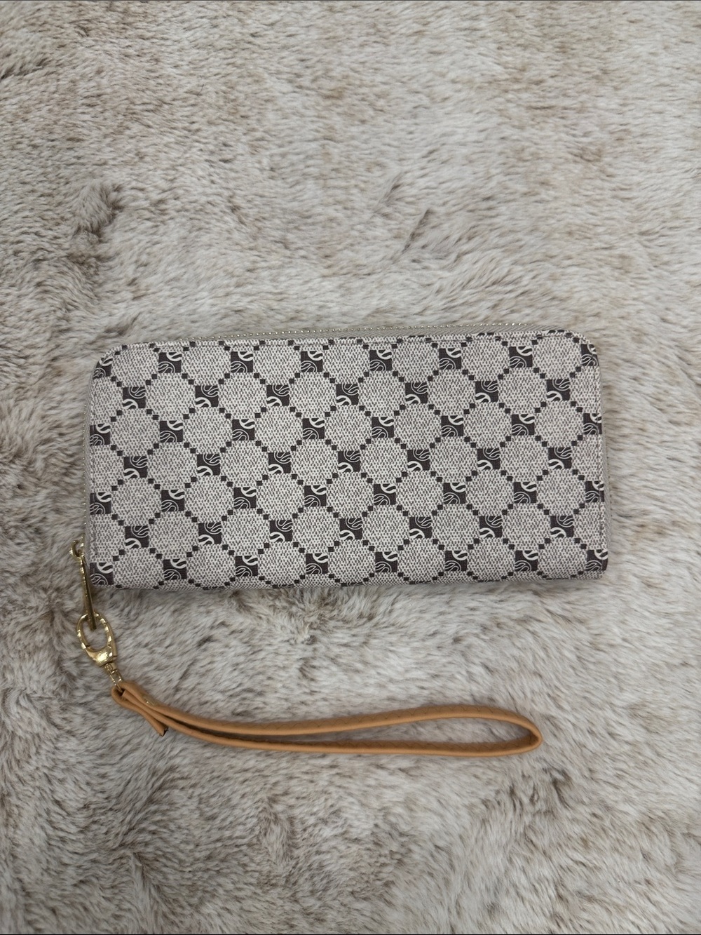 Woven Pattern Zip-Around Wristlet Wallet in Beige and Tan